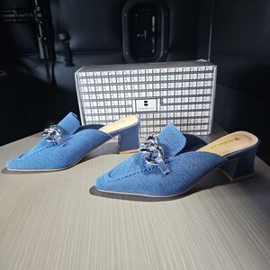 NEWBELLA Lt.‎ Blue Sparkle Chrome Chain Links Pointed Toe Heeled Mules Size 8.5